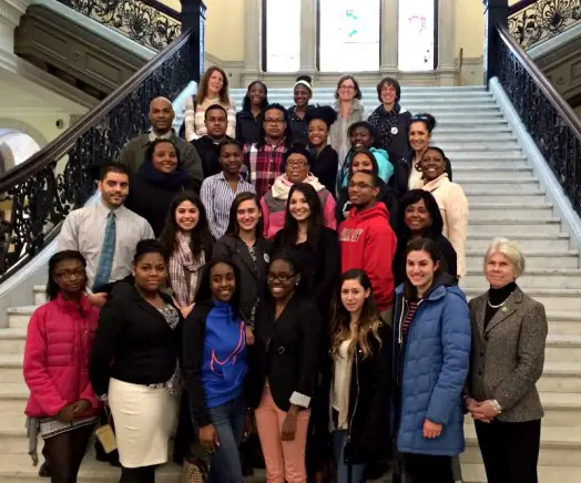 METCO students and State Representative Alice Peisch on the grand staircase of the State House on METCO Lobby Day. Thanks to roving photojournalist Betsy Komjathy for the photo.