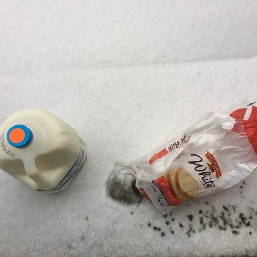Milk and bread and snow