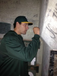 Nate Freiman signs inside Green Monster, April 2013