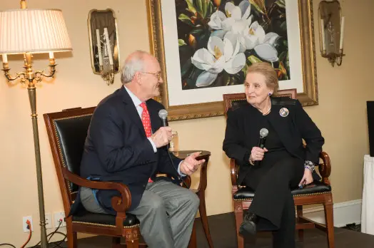 Former Secretary of State Madeleine Albright and moderator Mike Barnicle (left)