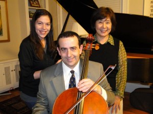 Trio Viscaria. On the left, Monica Pegis, violin; center, David Fisher, cello; on the right, Hisako Hiratsuka, piano.