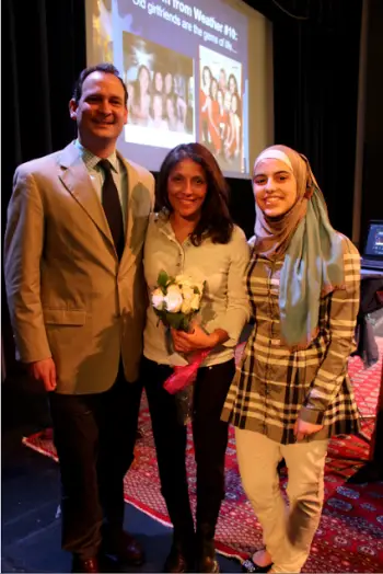 Speaker Mish Michaels  (center) joined Dana Hall Assistant Head of School Rob Mather and Dana Hall student Raya Husami, who introduced Michaels.