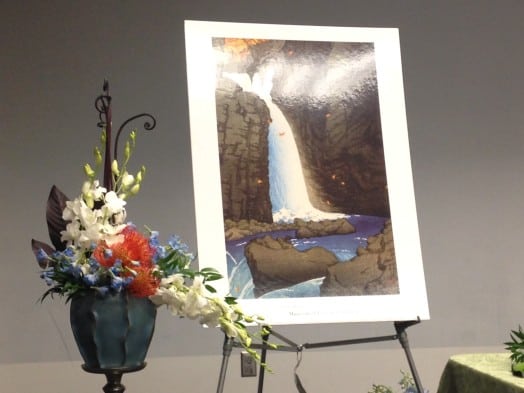 Side-by-side masterpieces. Museum of Fine Arts associate Carolyn Ellis casually put together this show-stopping arrangement inspired by this Yuki Hasui print -- she didn't have the original on hand for whatever reason. Something about it "hanging in the museum." 