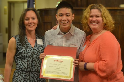 Sprague School PTO Awards First Scholarship at Wellesley Scholarship Foundation Awards Ceremony to Brian Tom (Left to Right) Elaine Marten, Sprague School PTO President, Brian Tom, and Jill Fischmann, Sprague School PTO Vice President Photo Credit: George Roberts 