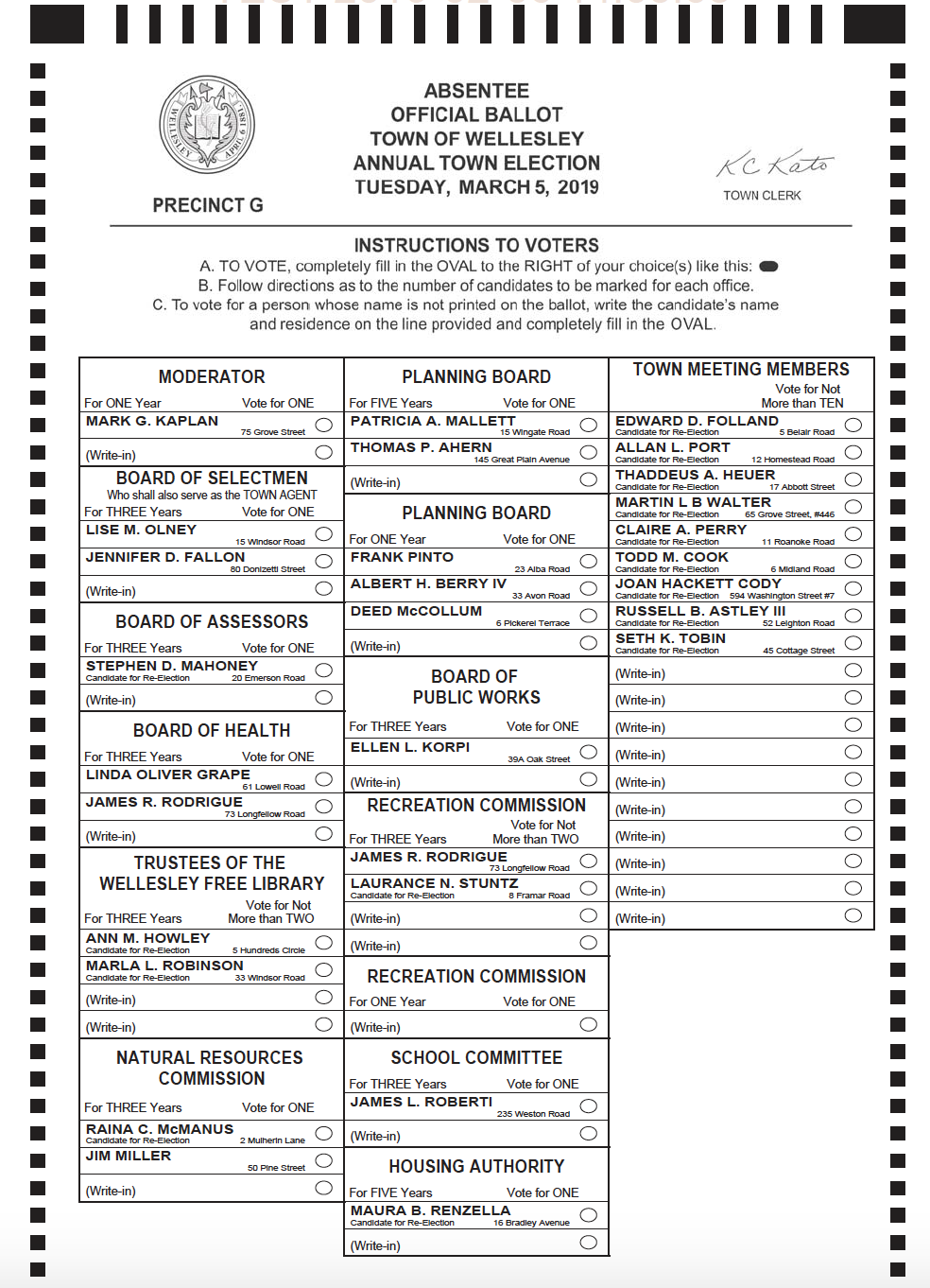 Sample Wellesley town election ballots are available The Swellesley