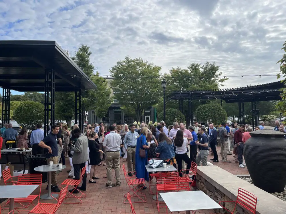 Charles River Regional Chamber coffee gathering at Linden Square courtyard