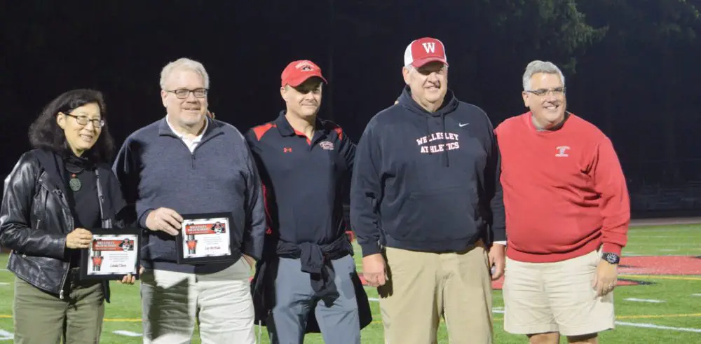 School Committee's Linda Chow, NRC's Jay McHale, Wellesley High Principal Jamie Chisum, Athletic Director John Brown, Public Schools Supt. David Lussier