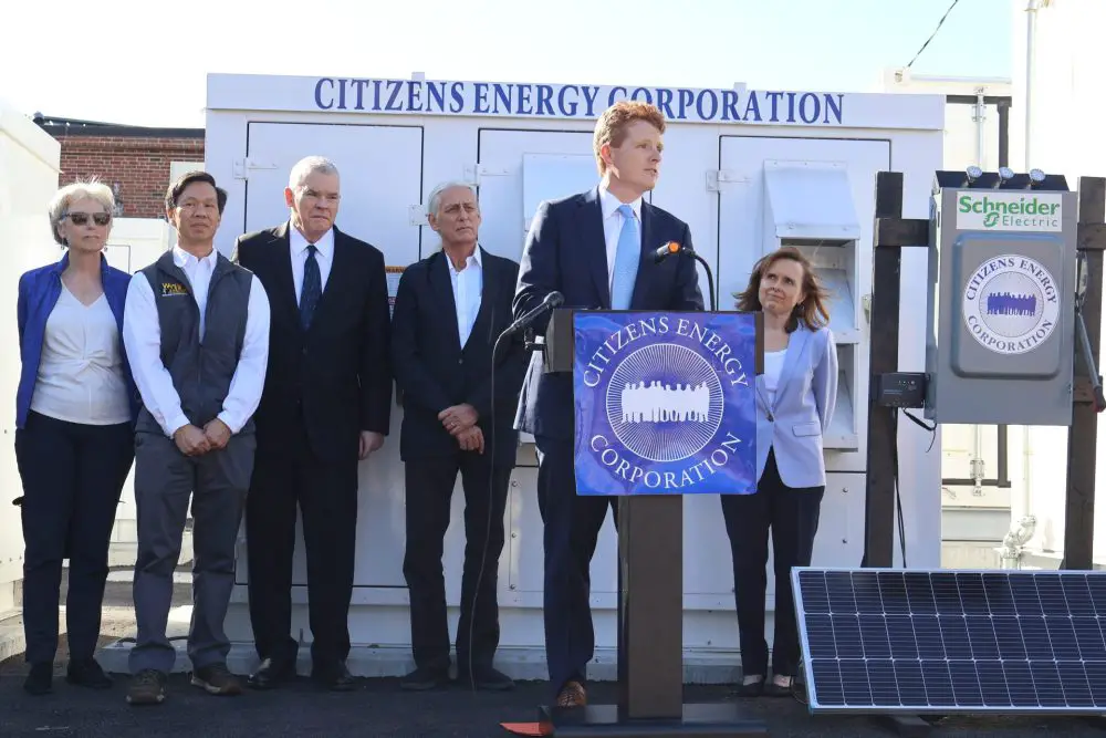 From left to right: Ellen Korpi, Wellesley Municipal Light Plant board member; Chris Chan, Wellesley Municipal Light Plant Assistant Director; Ned Hall, Wellesley Municipal Light Plan board chair; Paul Criswell, Wellesley Municipal Light Plant board secretary; Joe Kennedy III, Citizens Energy president; and Marybeth Martello, Wellesley Sustainability Director.