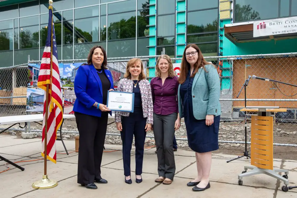From left to right, Lieutenant Governor Kim Driscoll; Marybeth Martello, Wellesley Sustainability Director; Janet Mosely, Wellesley Sustainability Analyst; DOER Commissioner Elizabeth Mahony.